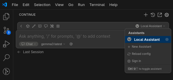 Screenshot of the Continue extension setup in VSCode. The "Local Assistant" provider is highlighted, which allows using local models without needing to login.
