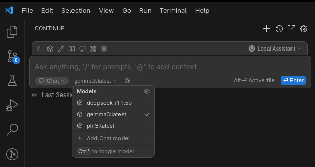 Screenshot of the Continue extension in VSCode showing a list of available LLMs from a local Ollama server, including models like phi3, gemma3, and deepseek-r1.