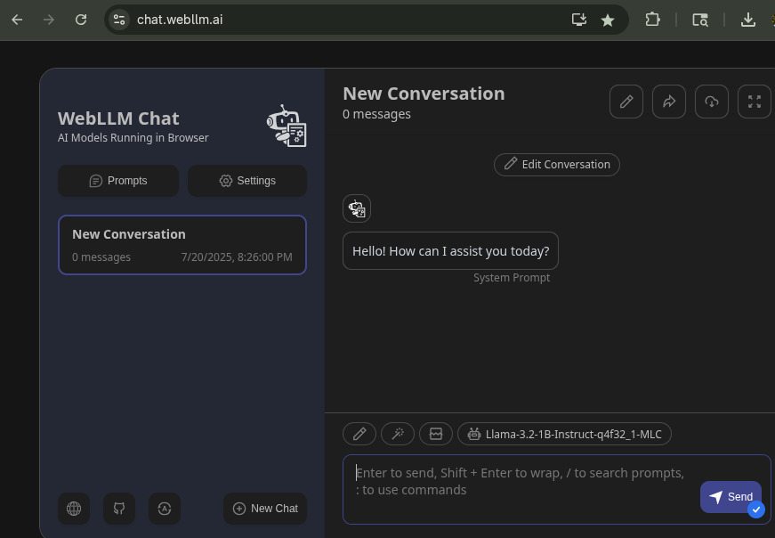 Screenshot of the WebLLM Chat application running in a Chrome browser. It shows a chat with the Phi-3-mini-4k-instruct-q4f16_1-MLC-1B model, demonstrating an LLM running entirely client-side.